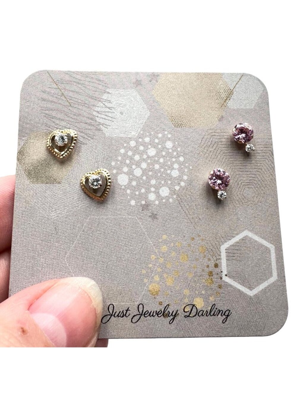 Vintage 14K Yellow Gold Pink & Clear Cubic Zirconia Pierced Stud Earrings